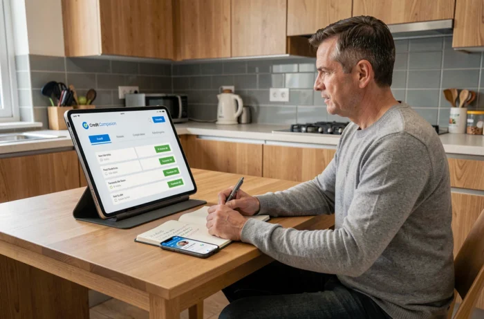 Homme consultant et comparant des offres de prêt en ligne sur une tablette dans sa cuisine avec des notes financières manuscrites
