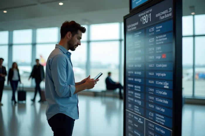 Homme comparant les prix de vols Ryanair sur son smartphone devant un tableau des départs d'aéroport