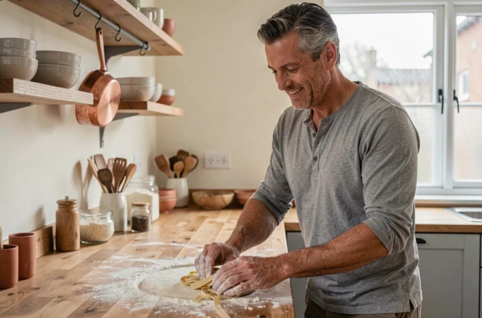 Homme préparant des pâtes faites maison dans une cuisine moderne lors de son temps libre