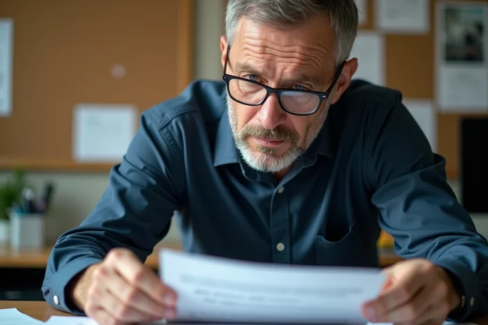 Homme scrutant un document imprimé d'arnaque par mail de paiement Cetelem dans un bureau