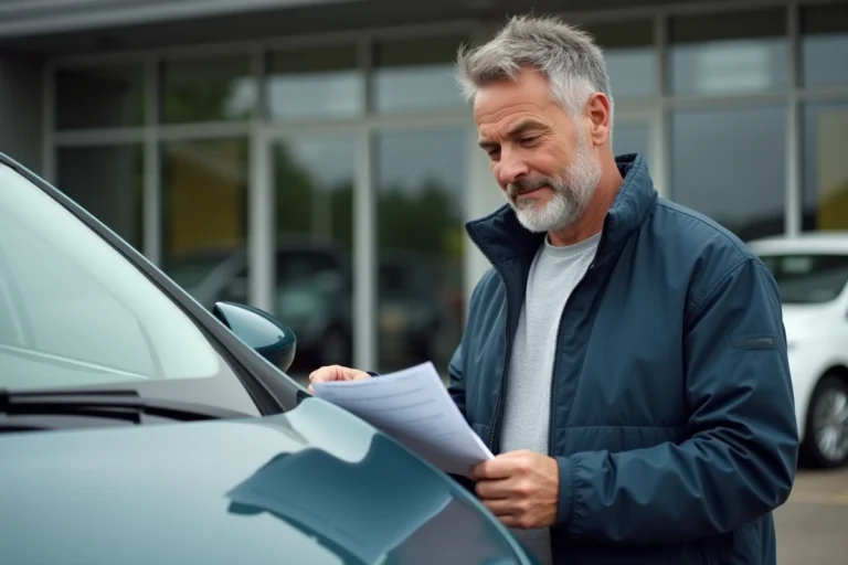 Un homme examine une voiture d'occasion dans un parking de concession, tenant une fiche d'inspection — illustration d'un avis client sur LaCentrale-Eco