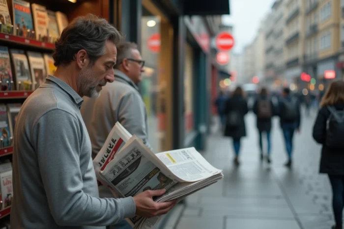 Homme consultant des journaux et magazines à un kiosque à journaux en centre-ville