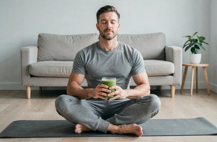 Homme assis en méditation sur un tapis de yoga tenant un smoothie vert dans un salon minimaliste, bien-être et détente au quotidien