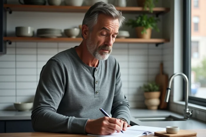 Homme écrivant une note manuscrite dans une cuisine moderne, exprimant la complexité émotionnelle derrière les mots 'je t'aime beaucoup'
