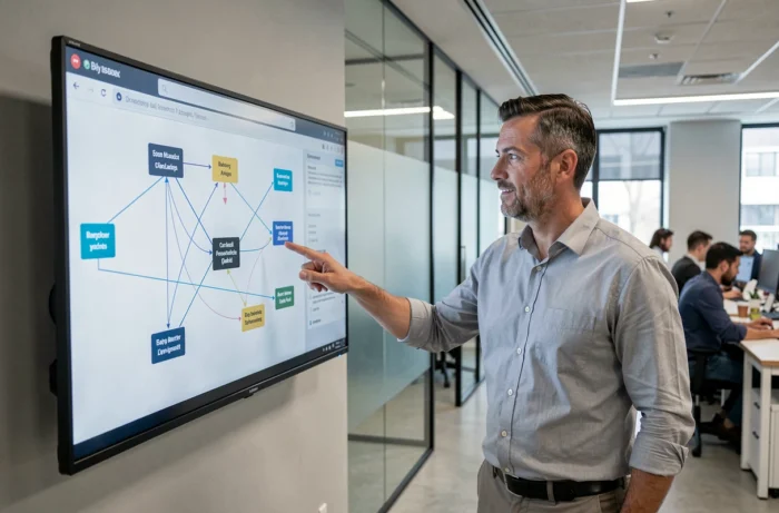 Homme présentant la structure de navigation d'un site web sur un grand écran dans un bureau moderne