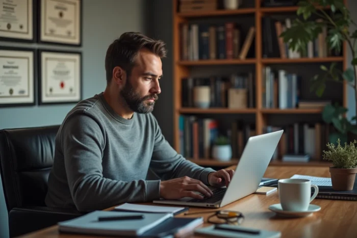 Homme en télétravail recherchant une formation en ligne sur son ordinateur portable dans un bureau à domicile organisé