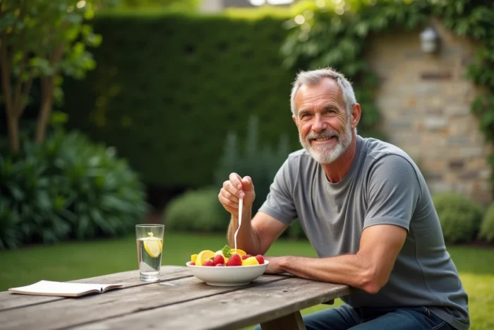 Homme mangeant une salade de fruits frais au jardin pour prendre soin de la santé de son pancréas
