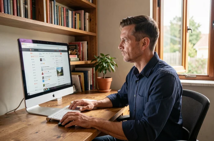 Homme en télétravail recherchant la nouvelle URL d'une plateforme professionnelle sur son ordinateur de bureau