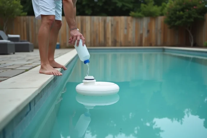 Homme versant du clarifiant dans une piscine avec un diffuseur de chlore flottant en surface