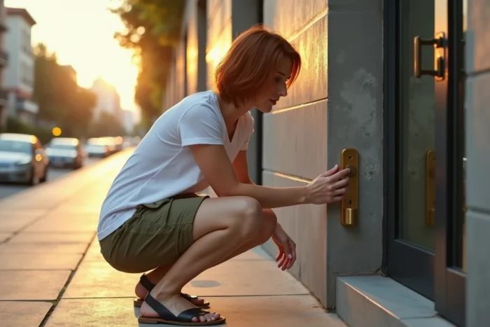 Femme inspectant une serrure de porte d'appartement dilatée par la chaleur en été en milieu urbain