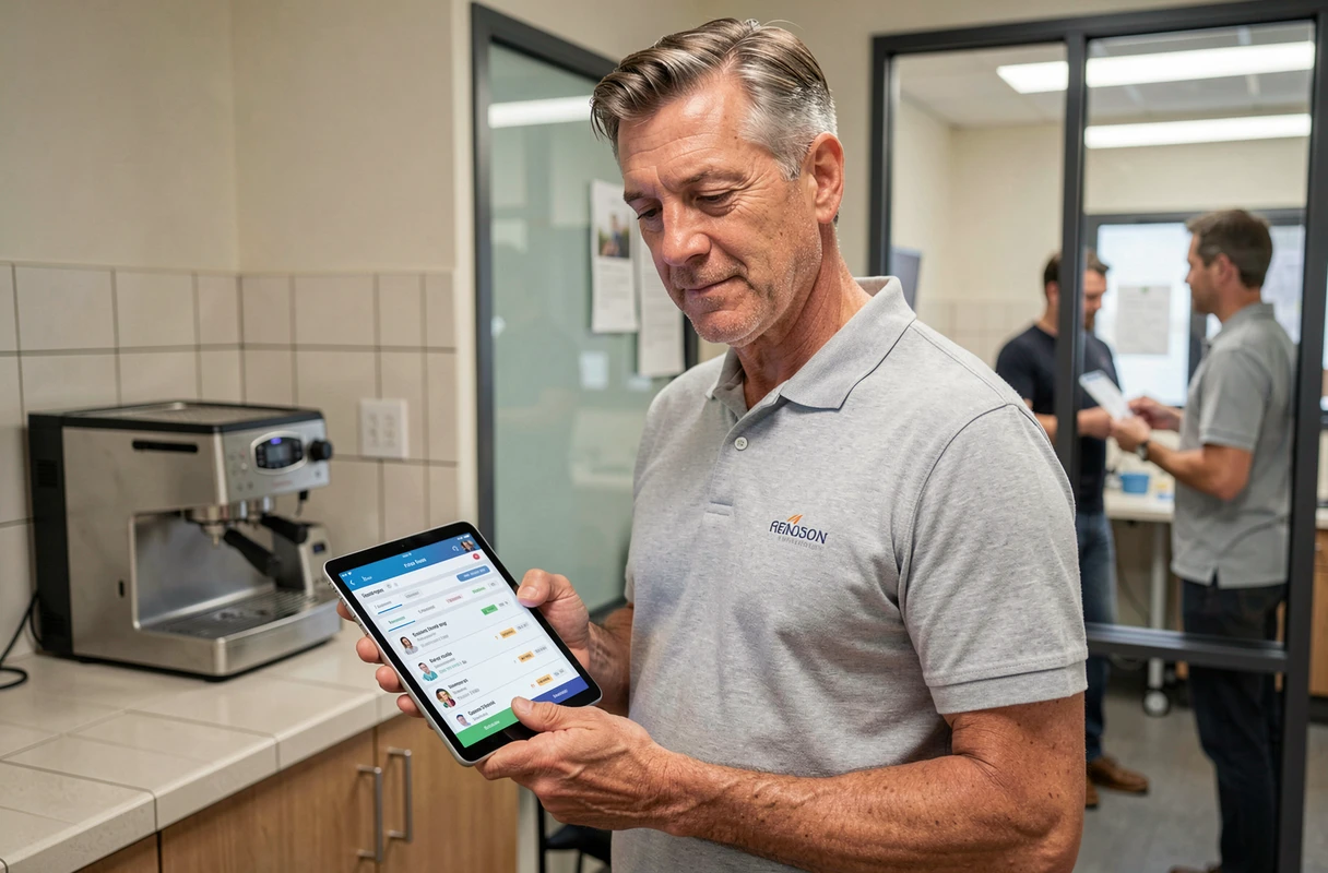 Intervenant ADMR consultant le logiciel Philia sur une tablette numérique dans une salle de pause d'agence