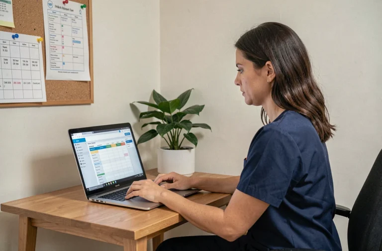 Intervenante ADMR utilisant le logiciel Philia sur un ordinateur portable dans un bureau administratif