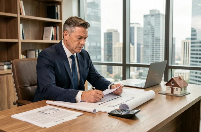 Homme d'affaires en costume marine analysant des documents immobiliers et des plans architecturaux dans un bureau moderne avec vue sur la ville