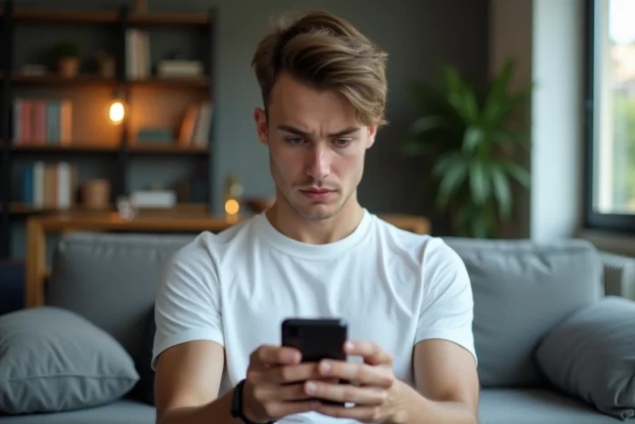 Jeune adulte vérifiant un email d'arnaque Cetelem suspect sur smartphone dans un appartement moderne
