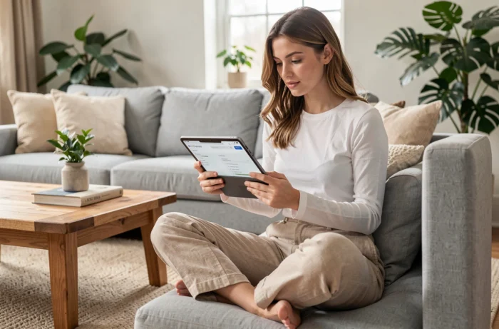 Jeune femme parcourant le sitemap d'un site web sur une tablette depuis son salon