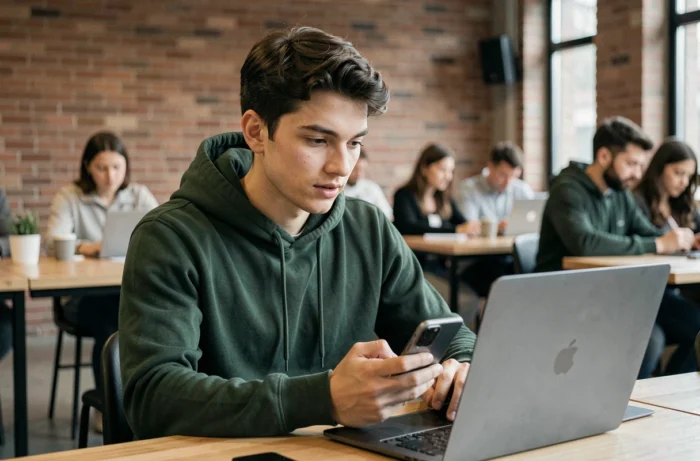 Jeune professionnel consultant son smartphone pour retrouver l'adresse d'une plateforme en ligne dans un espace de coworking