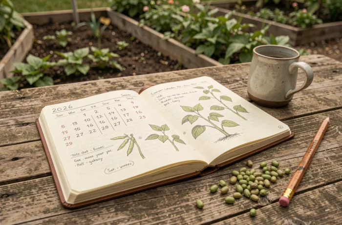 Journal de jardinage avec calendrier lunaire 2026 et graines de haricots verts posés sur une table en bois