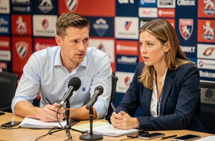 Journalistes sportifs en conférence de presse couvrant les rumeurs de transfert du mercato de l'ASM Rugby