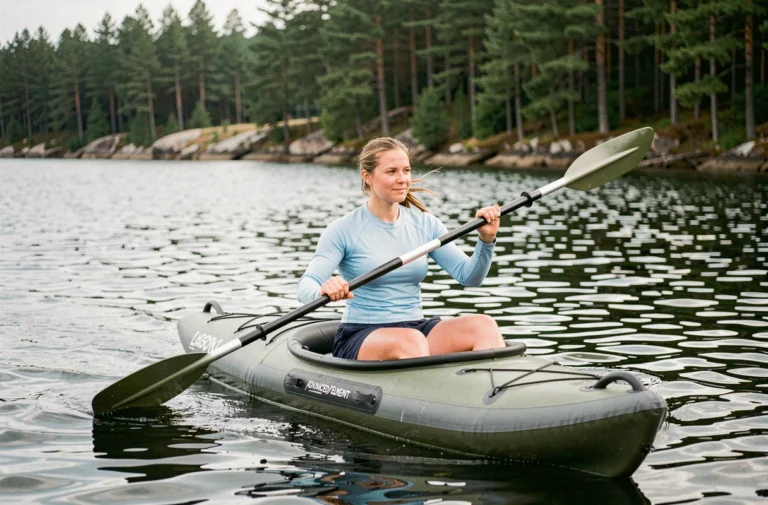 Femme pagayant sur le kayak gonflable Advanced Elements Lagoon 1 sur un lac calme entouré de pins