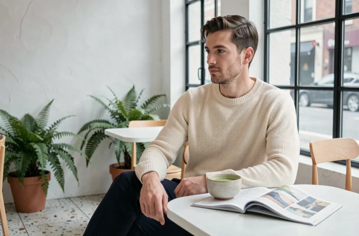 Jeune homme tendance lisant un magazine d'art dans un café minimaliste, illustrant le lifestyle culturel contemporain
