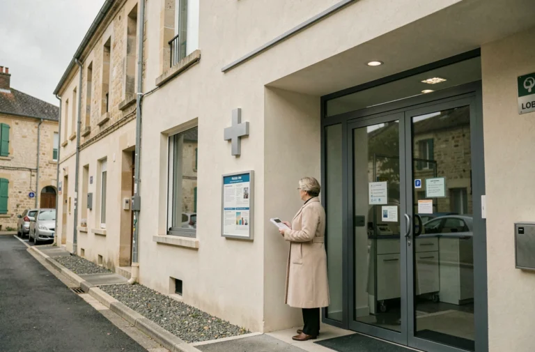 Façade de la maison médicale de Montbrison avec une patiente consultant le panneau d'information à l'entrée