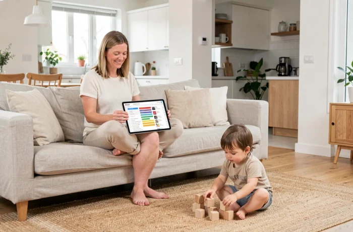 Maman sur un canapé consultant le plan de son blog sur tablette pendant que son enfant joue