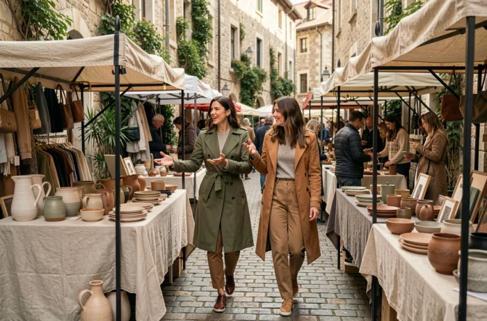 Deux femmes explorant un marché de créateurs en plein air, reflétant les dernières tendances lifestyle et artisanales de l'année