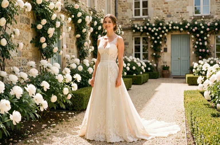 Mariée en robe de dentelle ivoire dans un jardin de château français entouré de pivoines blanches et de roses grimpantes