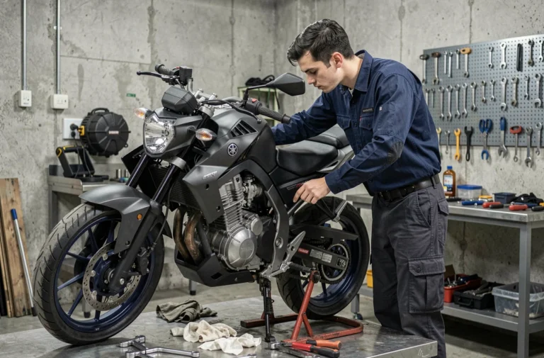 Mécanicien inspectant le moteur d'une Yamaha MT-125 dans un atelier de mécanique moto professionnel