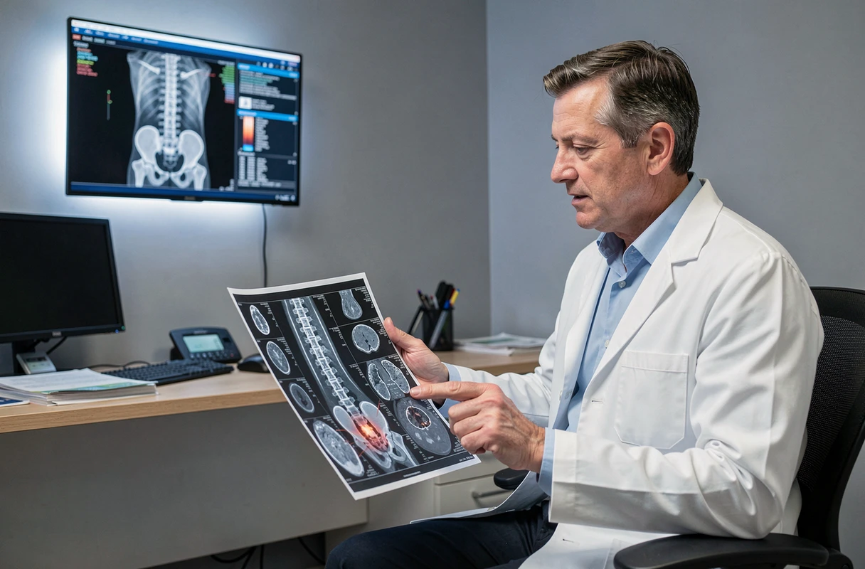 Médecin spécialiste tenant une radio lombaire et expliquant les suites d'une infiltration à un patient lors d'une consultation médicale