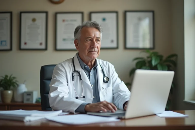 Médecin consulte des dossiers médicaux avec attention dans son cabinet, illustrant la prudence médicale face à une maladie complexe