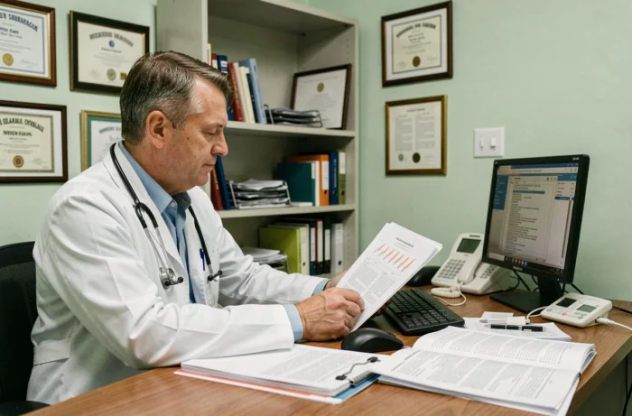 Médecin de garde en consultation dans une maison médicale de Montbrison, examinant le dossier d'un patient