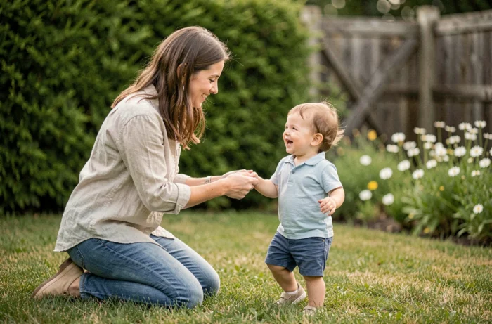 Mère aidant son bébé à faire ses premiers pas dans un jardin verdoyant en extérieur
