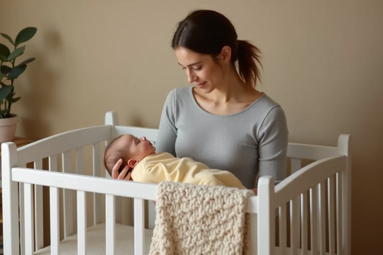 Jeune mère posant délicatement son bébé dans un berceau blanc lors de la mise en place d'une routine de sommeil