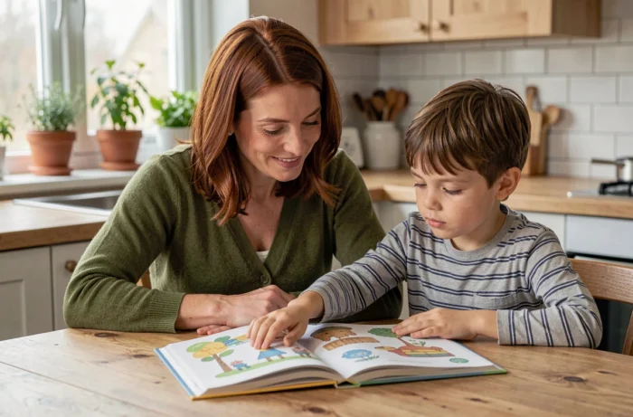 Mère et fils lisant un livre illustré ensemble à la table de la cuisine, moment d'éveil et de complicité soutenant l'épanouissement quotidien de l'enfant
