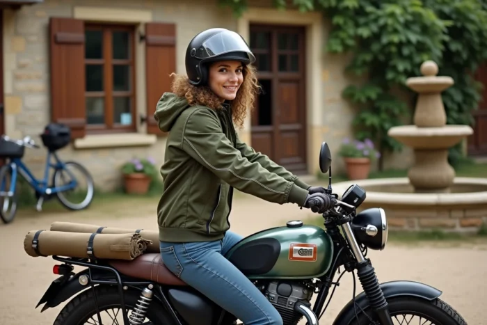 Femme motarde avec casque rétro assise sur un café racer devant une auberge de village en France, équipement de voyage fixé sur la moto