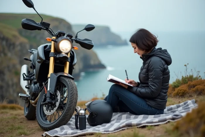 Femme motarde écrivant dans un carnet de voyage assise près de sa moto dual-sport sur une falaise côtière en Bretagne par temps couvert