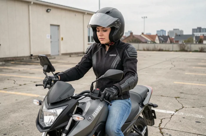 Motarde équipée en tenue de sécurité complète sur une Yamaha MT-125 en milieu urbain