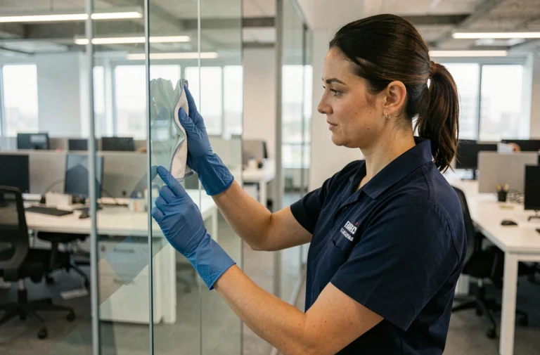 Femme de ménage professionnelle nettoyant une cloison en verre dans un bureau moderne en open space
