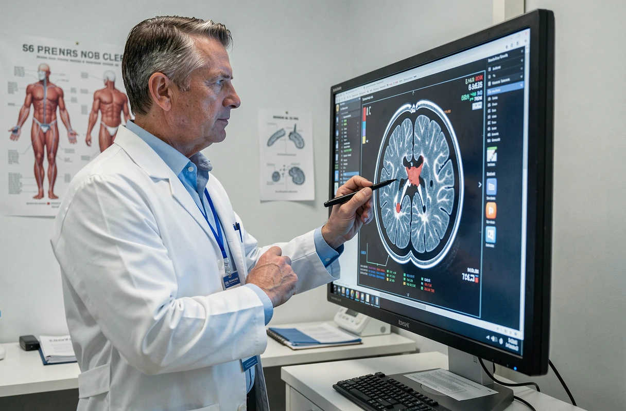 Neurologue analysant une IRM cérébrale sur écran médical pour diagnostiquer des anomalies électriques dans le cerveau