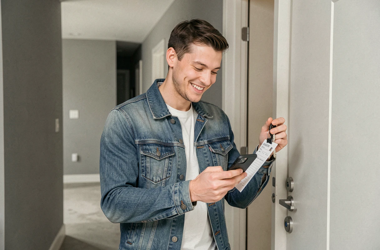 Nouveau locataire tenant ses clés d'appartement et vérifiant une checklist d'entrée dans les lieux