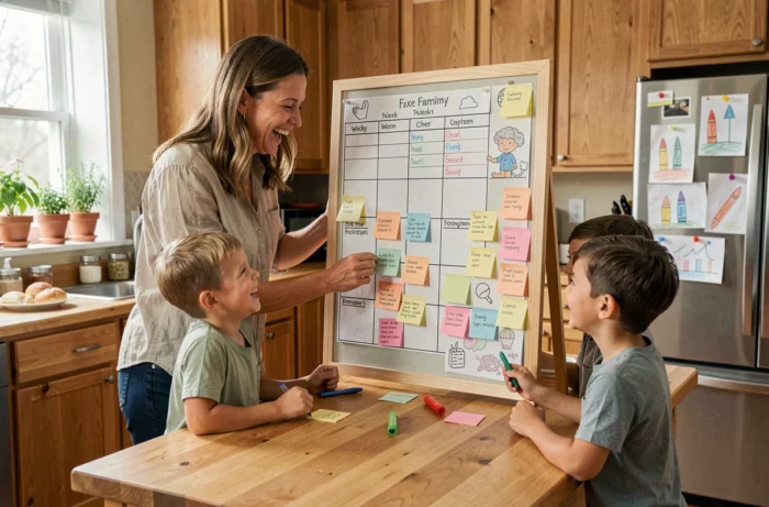 Mère et enfants organisant le planning familial de la semaine sur un tableau coloré dans la cuisine