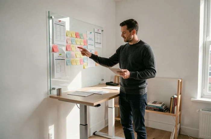 Professionnel organisant la gestion de projets multiples sur un mur de planification dans un bureau à domicile