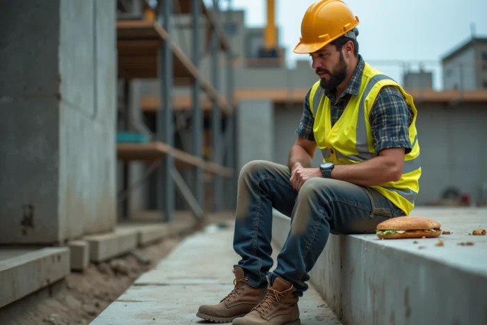 Ouvrier du bâtiment vérifiant l'heure sur un chantier après une longue journée de travail en France