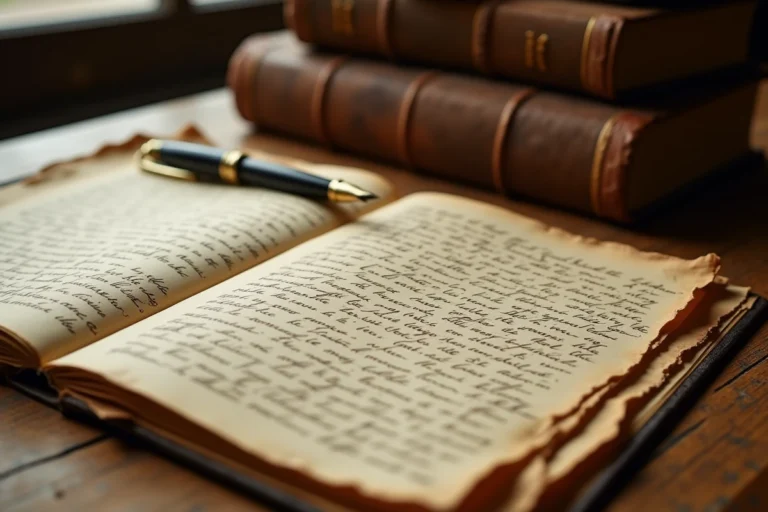 Page manuscrite ancienne et détachée posée sur un bureau en chêne avec une plume vintage, entourée de livres anciens reliés en cuir
