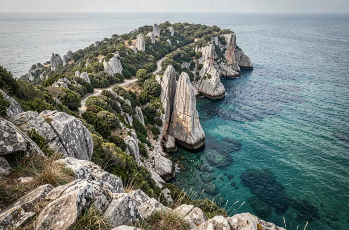 Panorama du cap Capu di Muru avec falaises granitiques et sentier de randonnée en Corse