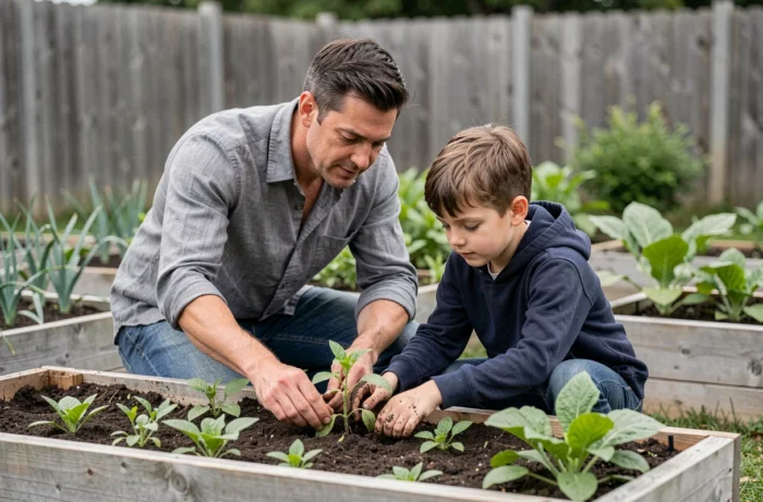 Père et fils jardinent ensemble dans un potager extérieur, moment de partage et d'apprentissage favorisant l'épanouissement de l'enfant au quotidien