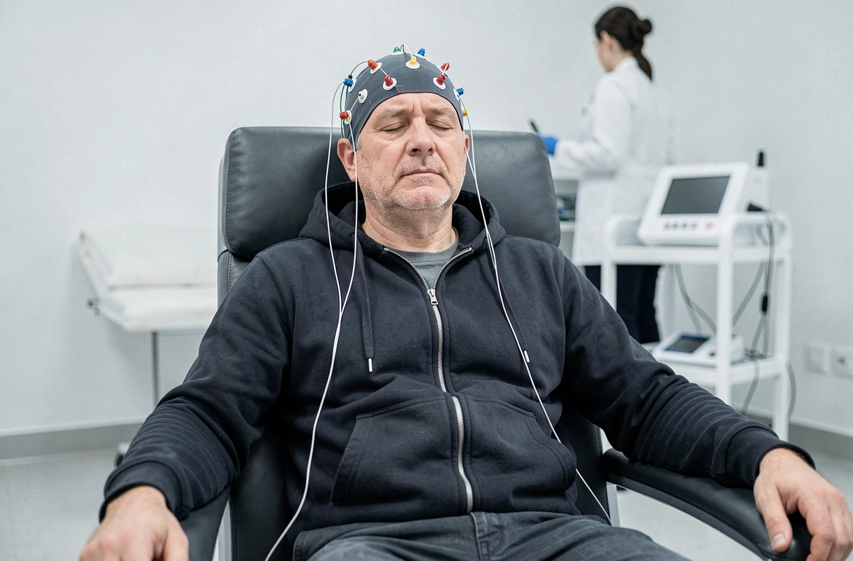 Patient portant un casque d'électroencéphalogramme lors d'un examen neurologique pour évaluer des décharges électriques cérébrales