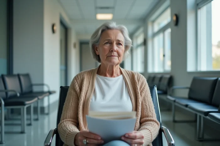 Patiente âgée en salle d'attente d'hôpital tenant un document médical, symbolisant l'inquiétude et la prudence face à une maladie sérieuse