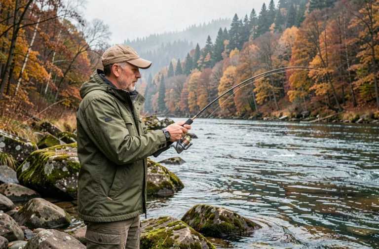 Pêcheur à la mouche en veste imperméable lançant sa ligne dans une rivière aux reflets dorés en automne